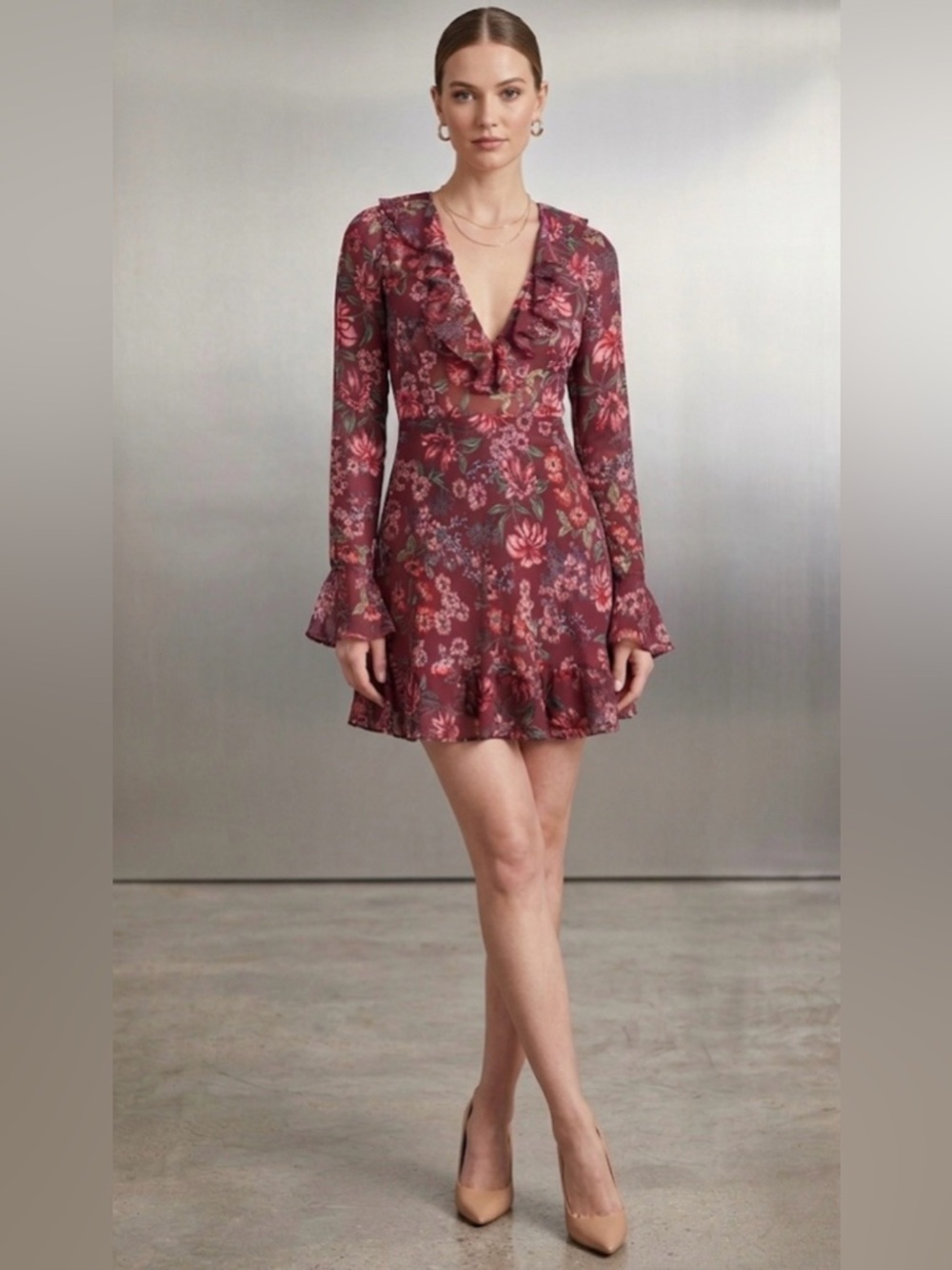 For Love & Lemons Gracie Floral Mini Dress in berry size S